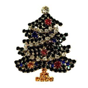 Vintage Christmas tree brooch colorful rhinestones gold with crystal garland